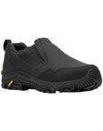 Black leather Moc Slip-On Shoe with  side goring, detailed stitching and a rugged Vibram sole.