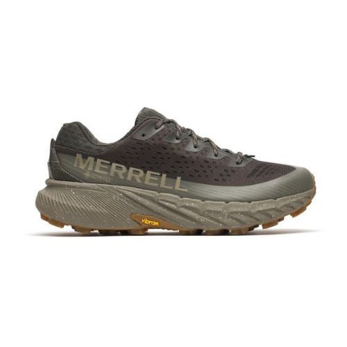 Greyish Green sneaker with Merrell logo on side and brownish beige speckled thick midsole and tan Vibram outsole.