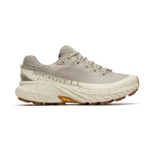 Grey Beige sneaker with Merrell logo on side and an off-white beige speckled thick midsole and tan Vibram outsole.