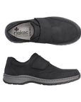 Top and side view of black shoe with Velcro closure and grey midsole. Rieker logo on heel of grey insole.