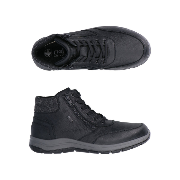 Pair of black high top leather boots with laces and dual zipper, grey knit heel cuff, grey midsole and black outsole.