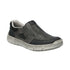 Black leather shoe with perforated uppers, elastic side goring, grey trim and grey outsole.