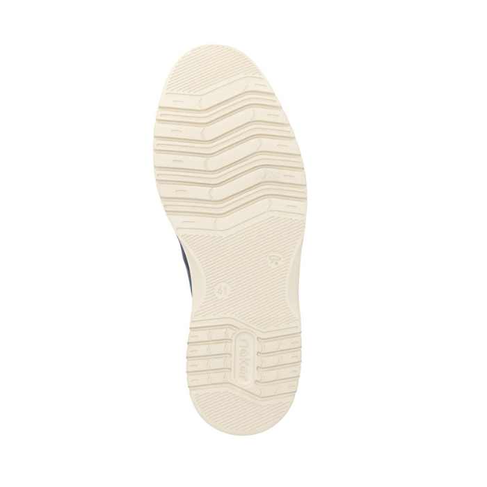 Off white line treaded outsole with Rieker logo on heel.