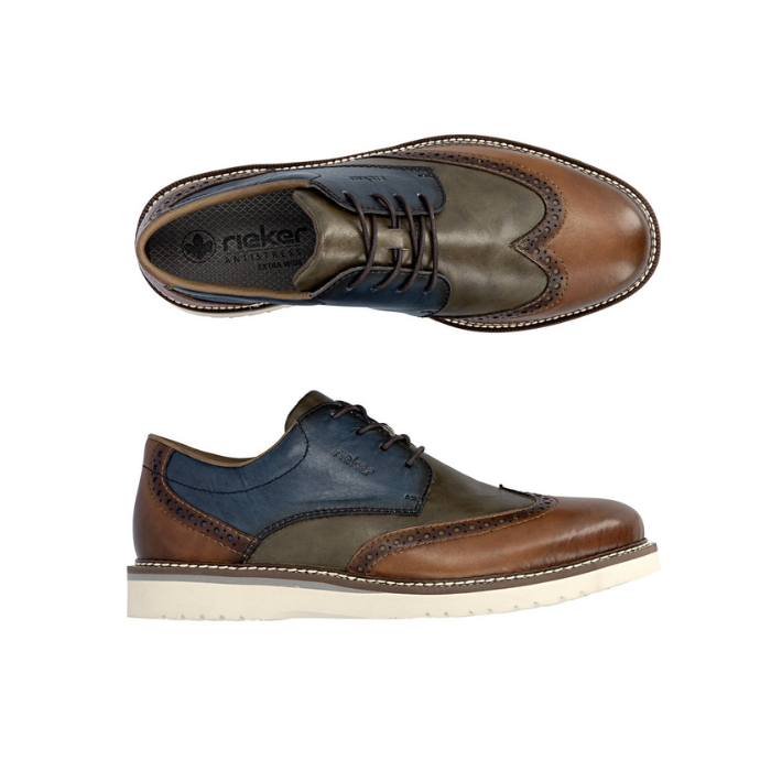 Pair of Multicolored dress shoes with brown, blue, and green sections with brogue and off white outsole.