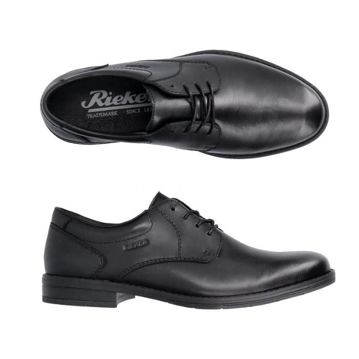 Black leather dress shoe with lace closure and Rieker logo imprinted on side. Rieker logo on insole.