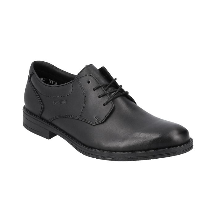 Black leather dress shoe with lace closure and Rieker logo imprinted on side.
