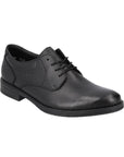 Black leather dress shoe with lace closure and Rieker logo imprinted on side.