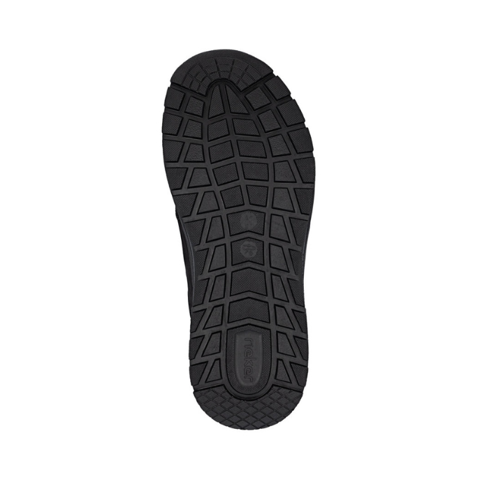 Black sole of a shoe with Rieker logo stamped on heel.