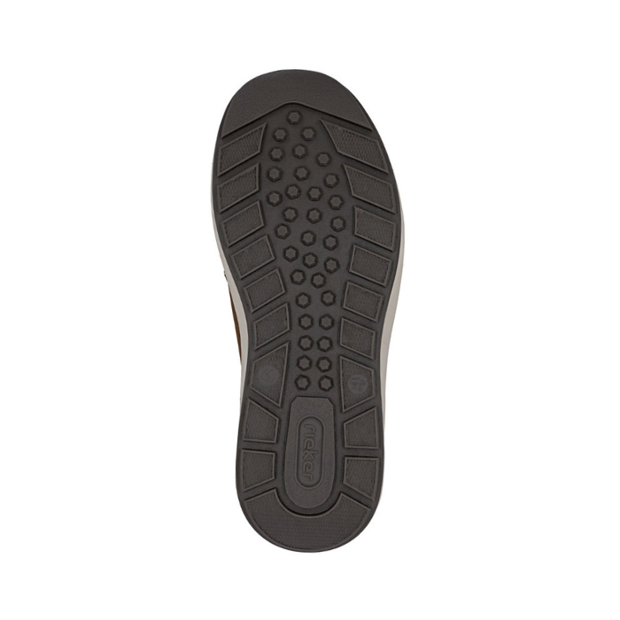 Black rubber outsole with square and circle light tread pattern and Rieker logo on heel.