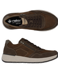 Pair of Brown sneakers with accent darker brown sections, laces, side zipper, black Rieker logo'd footbed, grey thick midsole and black outsole.