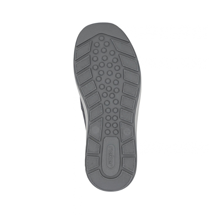 Grey light treaded outsole with circle and square tread patterns and Rieker logo on heel.