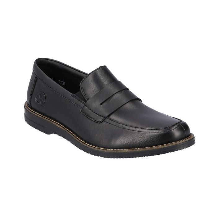 Men&#39;s black leather penny loafer dress shoe.