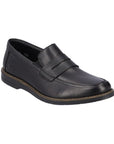 Men's black leather penny loafer dress shoe.