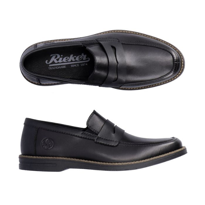 Men's black leather penny loafer dress shoe. Rieker logo on insole.