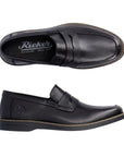 Men's black leather penny loafer dress shoe. Rieker logo on insole.
