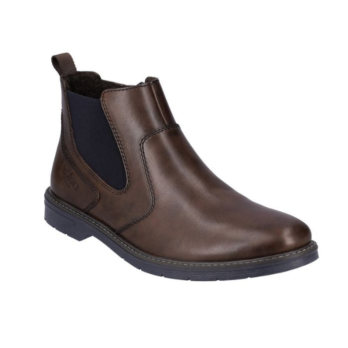 Brown leather Chelsea boot with navy elastic side goring.