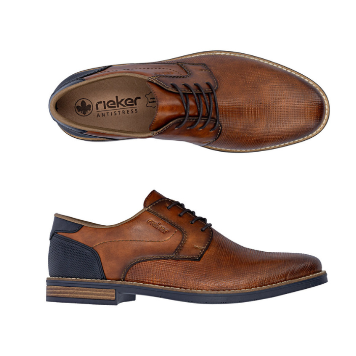 Pair of Brown leather derby lace dress shoes with blue accents, burnished finish, tan Rieker logo'd footbed and accent stitching.