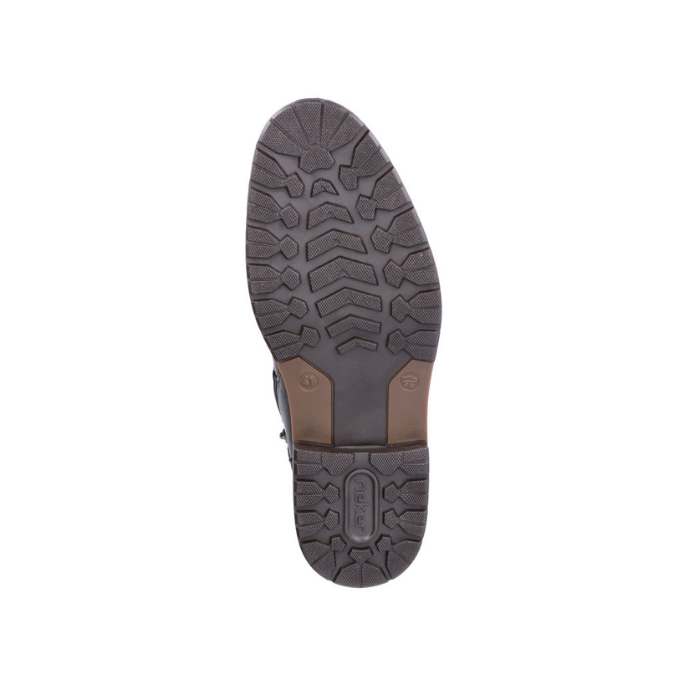 Brown treaded outsole with Rieker logo on heel.