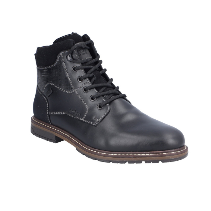 Black leather ankle boot with black laces, accent stitching and brown midsole above black treaded outsole.