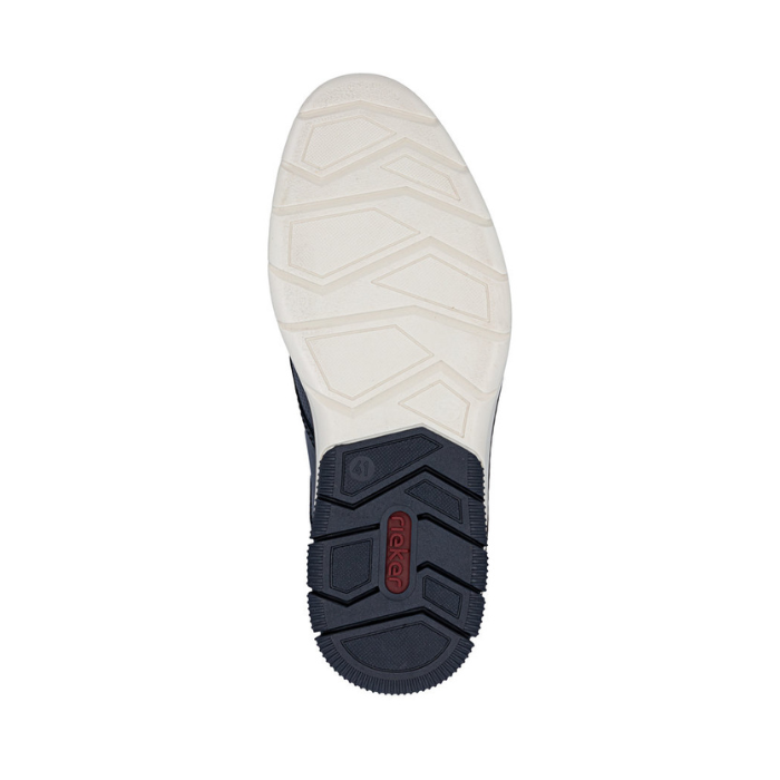 Rubber outsole, half white and half navy with red Rieker logo on navy part at heel.