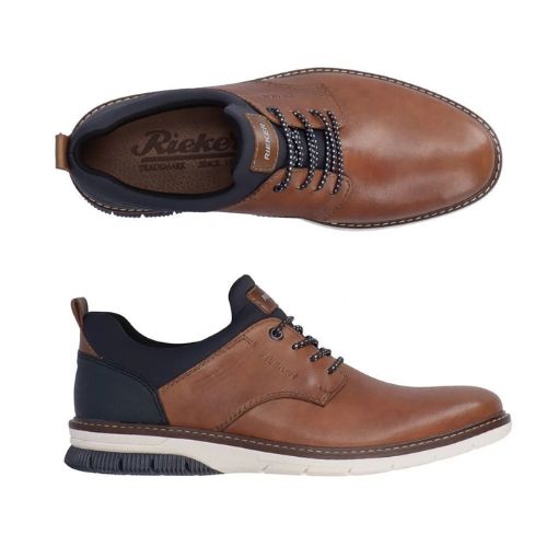 Top and side views of brown Men&#39;s Rieker 14450 Slip-On Lace Leather Sneaker with contrast laces and cushioned insole.