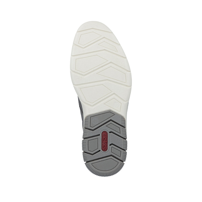 Rubber outsole, half white and half grey with red Rieker logo on grey part at heel.