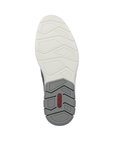 Rubber outsole, half white and half grey with red Rieker logo on grey part at heel.