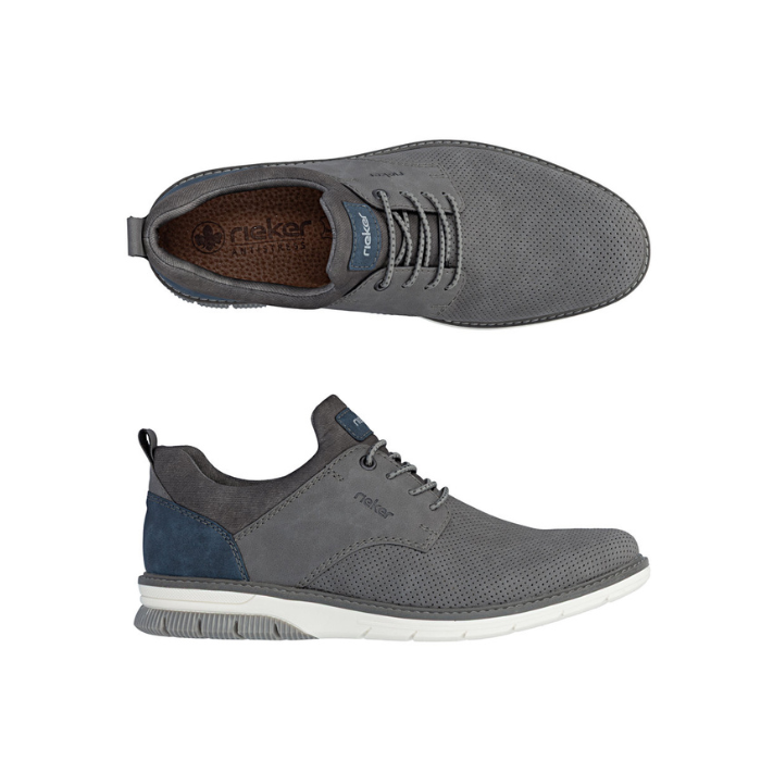 Pair of Slip-On Lace Sneakers in grey with perforated upper,grey cuff, navy heel accents, tan Rieker logo'd footbed and white outsole.