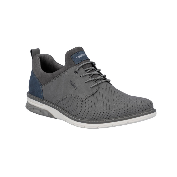 Slip-On Lace Sneaker in grey with perforated upper,grey cuff, navy heel accents and white outsole.