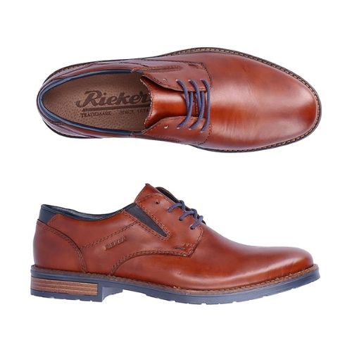 Brown leather laced derby dress shoes with detail stitching and Rieker logo'd footbed and a brown heel accent on the rubber outsole.