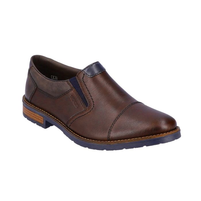 Brown leather slip-on dress shoe with toe cap and navy accents and navy outsole.