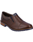 Brown leather slip-on dress shoe with toe cap and navy accents and navy outsole.