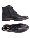 Top and side view of black leather lace-up boot. Boot has inside zipper and white faux fur lining.