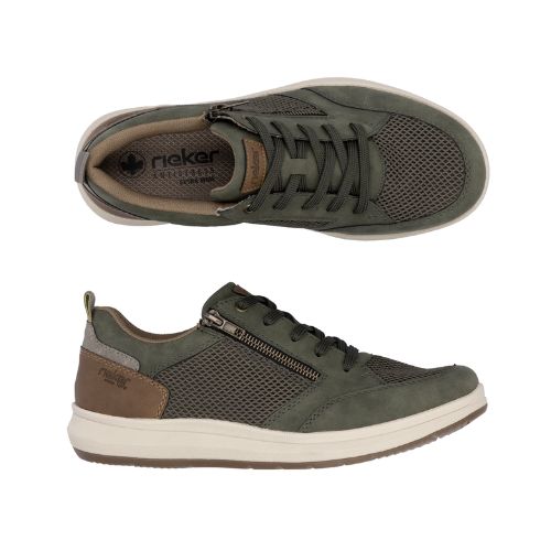 Pair of olive green mesh and faux leather sneakers with laces, side zipper, brown heel accent, Rieker logo'd footbed, beige midsole and tan outsole.