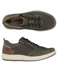 Pair of olive green mesh and faux leather sneakers with laces, side zipper, brown heel accent, Rieker logo'd footbed, beige midsole and tan outsole.