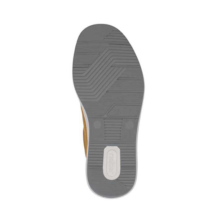 Grey line pattern treaded outsole with white Rieker logo on heel.
