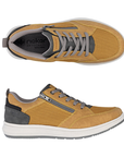 Pair of yellow mesh and faux  leather sneakers with laces, side zipper, grey heel accent, grey Rieker logo'd footbed, white midsole and grey outsole.