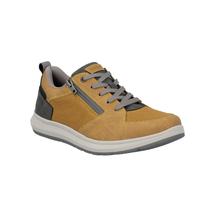 Yellow mesh and faux leather sneaker with laces, side zipper, grey heel accent, white midsole and grey outsole.