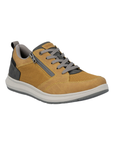 Yellow mesh and faux leather sneaker with laces, side zipper, grey heel accent, white midsole and grey outsole.