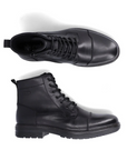 Pair of Black leather ankle bootswith laces, inside zipper, cap toe and treaded outsole.