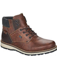Brown ankle boot with textile cuff, laces, white midsole and brown outsole.