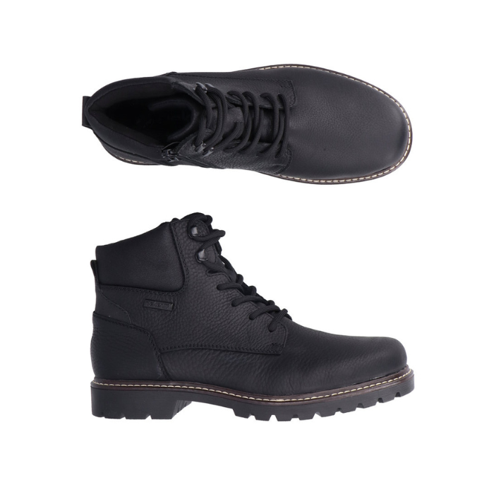 Pair of Black leather boots with black laces, side zipper, detailed stitching along midsole and rugged black outsole.