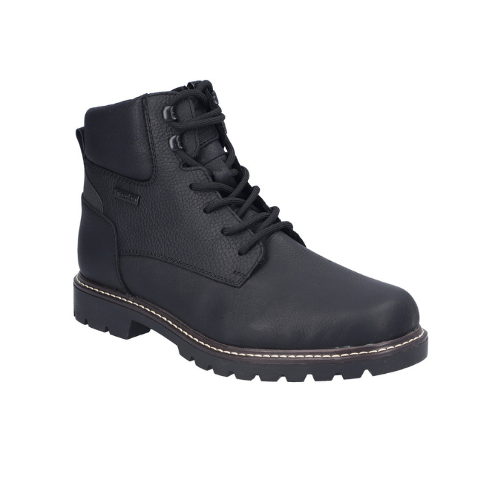 Black leather boot with black laces, detailed stitching along midsole and rugged black outsole.