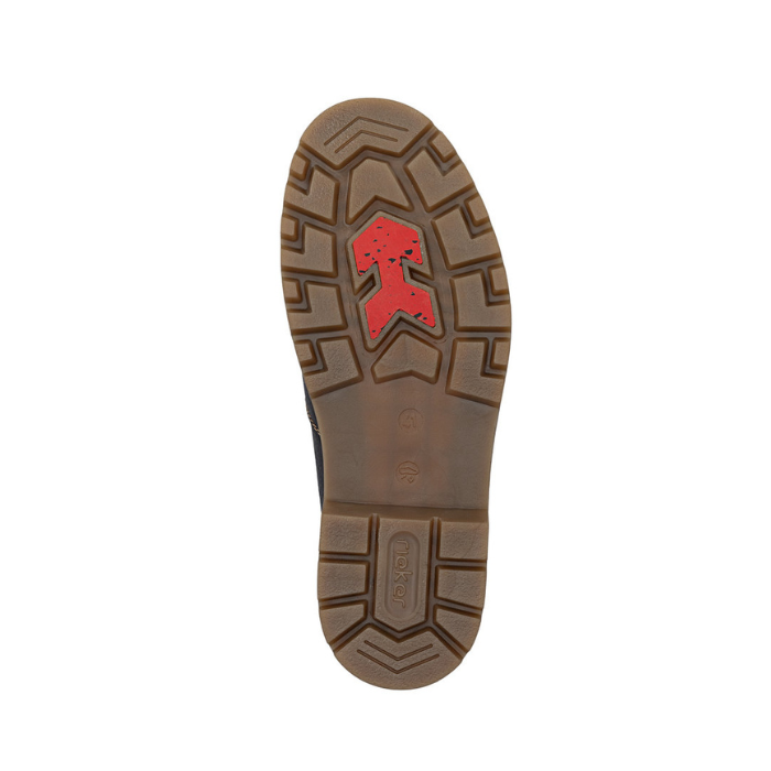 Brown rugged outsole with a red arrow shaped ice grip at ball of foot and "Rieker" stamped in heel.