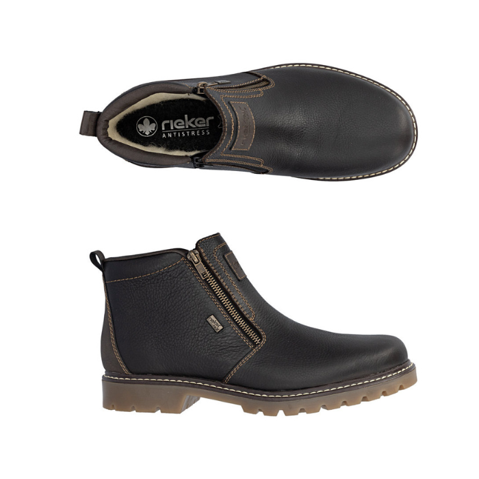 Pair of Dark brown leather ankle boots with dual side zippers , black Rieker logo'd footbed and a brown rugged rubber outsole.