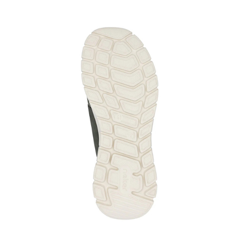 White light treaded outsole with Rieker logo stamped in heel.