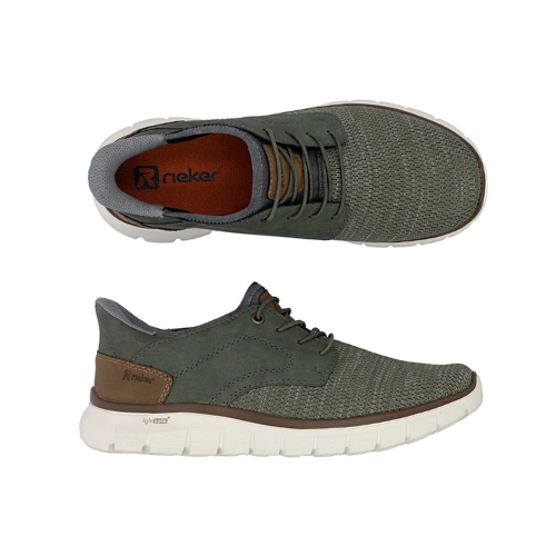 Pair of Green slip-on sneakers with elastic laces, mesh upper with brown accents, orange Rieker logo'd footbed and white outsole.