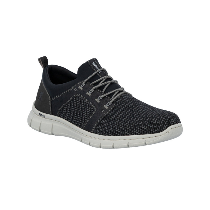 Slip-on Sneaker in black with mesh upper, elastic laces, grey accents and off-white outsole.