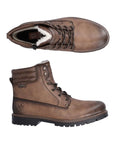 Top and side view of men's brown leather ankle boot with laces. Boot has white fur lining and inside zipper.
