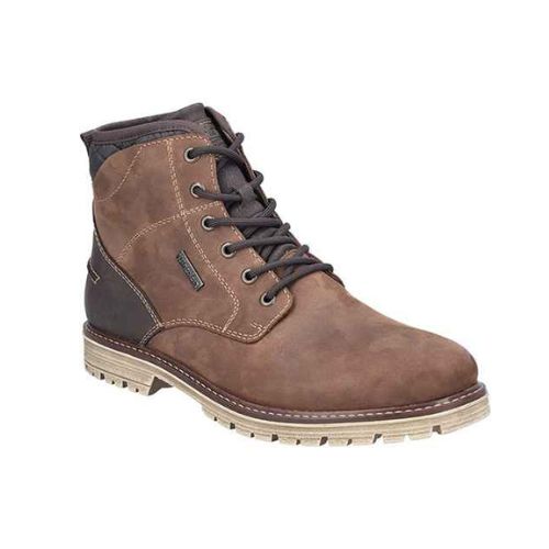 A brown lace-up ankle boot with brown laces, dark brown accents, light stitching and a tan rugged outsole.